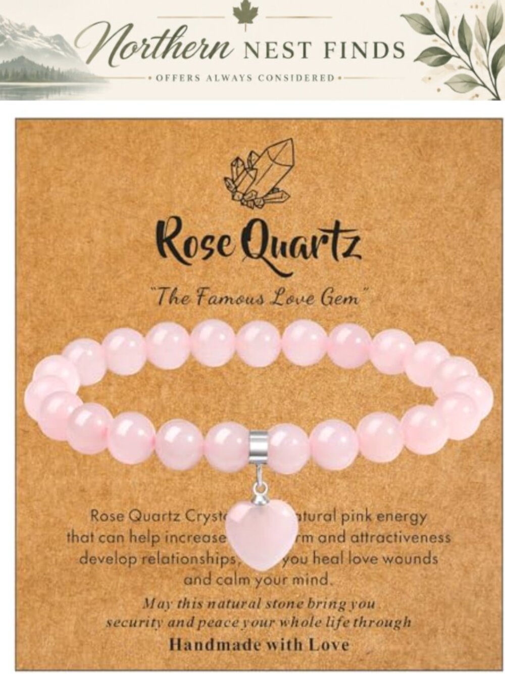 Healing Crystal Bracelet Rose Quartz 8mm Beaded Heart Charm Stretch